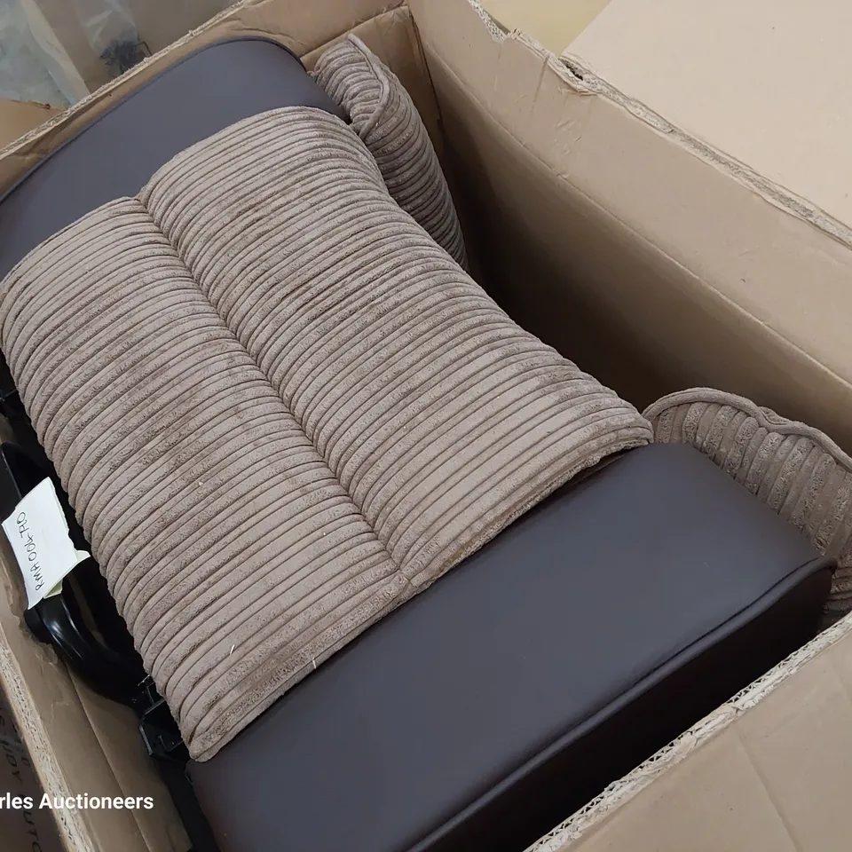 FOUR UPHOLSTERED CHAIR PARTS, GREY CHIRD SEAT BASE, BLACK LEATHER SEAT BACK, BROWN CHORD & LEATHER POWER RECLINING SEAT BASE & ALTHORPE PUSHBACK CHAIR BACK