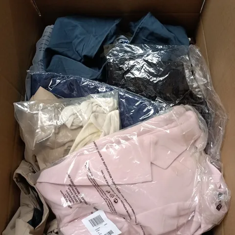 BOX OF APPROXIMATELY 25 ASSORTED CLOTHING ITEMS IN VARIOUS STYLES , COLOURS AND SIZES