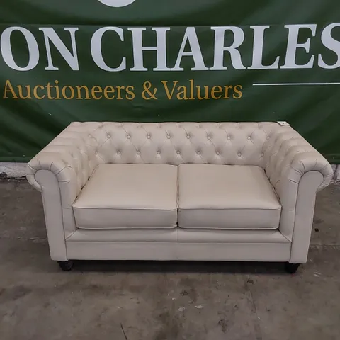 DESIGNER 2 SEATER CHESTERFIELD STYLE LEATHER SOFA IN IVORY