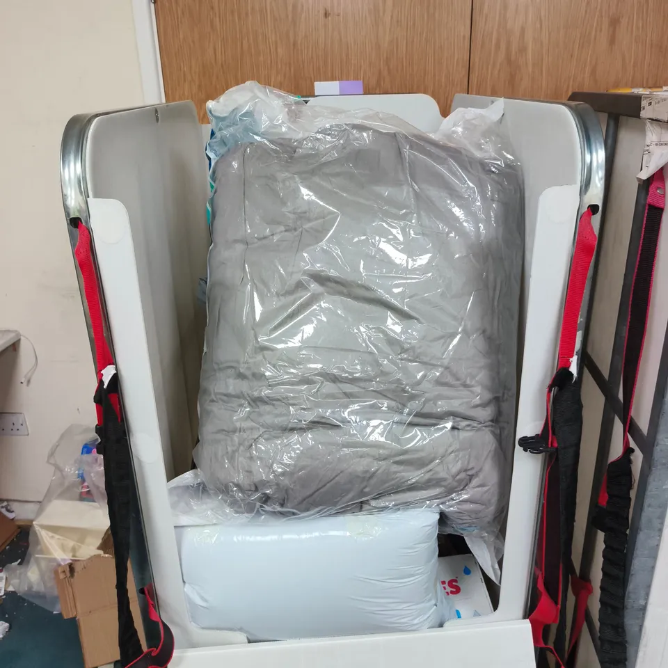 CAGE OF APPROXIMATELY 12 ASSORTED ITEMS TO INCLUDING MEAT GRINDER, DUVET, HUGGIES PURE WATER WIPES ETC