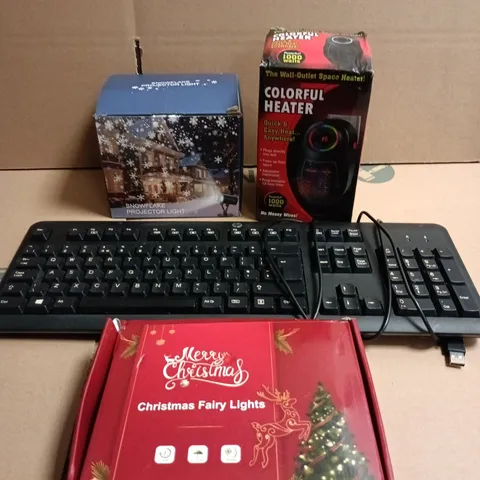 APPROXIMATELY 10 ASSORTED ELECTRICAL PRODUCTS TO INCLUDE USB KEYBOARD, PLUG IN HEATER, FAIRY LIGHTS ETC 