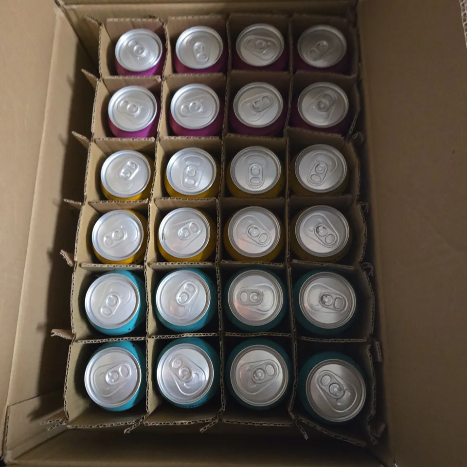 BOX OF APPROXIMATELY 24 CAN OF HOP POP CANS - ASSORTED FLAVOURS - COLLECTION ONLY 