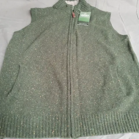 ARAN WOOLEN MILLS ROSSPORT MENS ARAN NEPPED GILET, GREEN - SIZE XL