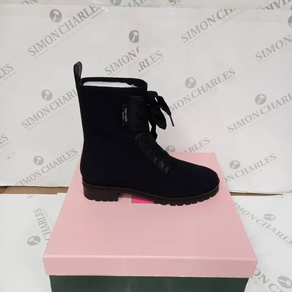 BOXED PAIR OF KATE SPADE MERIGUE KNIT BOOT - BLACK, SIZE 6.5