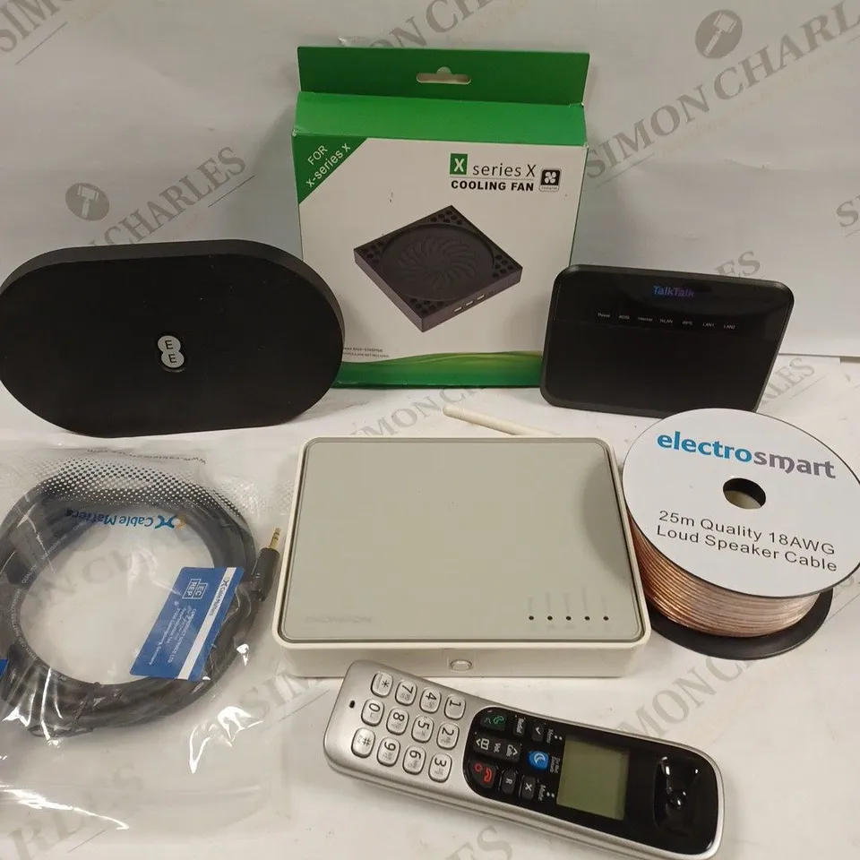 BOX TO CONTAIN APPROX. 15 X ASSORTED TECH PRODUCTS. INCLUDES HOME PHONE, PC COOLING FAN, WI-FI BOXES, CABLES ETC 