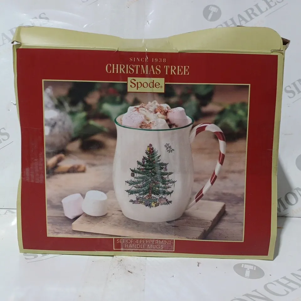 BOXED SPODE SET OF 4 PEPPERMINT HANDLE CHRISTMAS TREE MUGS