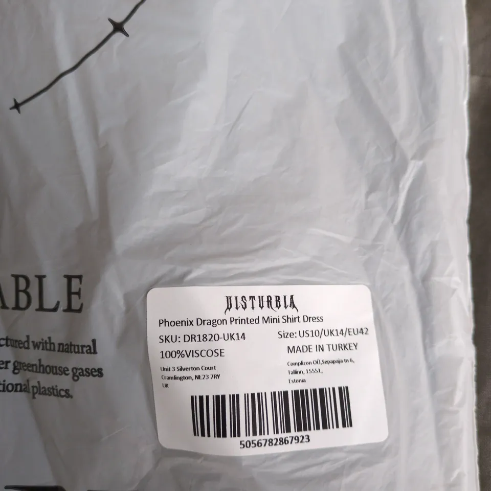 DISTURBIA PHOENIX DRAGON PRINTED MINI SHIRT DRESS – UK14 (US10 / EU42)