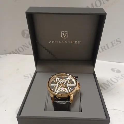 MENS VONLANTHEN AUTOMATIC SKELETON WATCH – V110 - GLASS EXHIBITION BACKCASE – BLACK LEATHER STRAP
