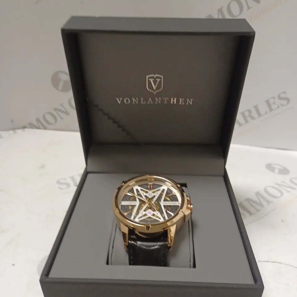 MENS VONLANTHEN AUTOMATIC SKELETON WATCH – V110 - GLASS EXHIBITION BACKCASE – BLACK LEATHER STRAP