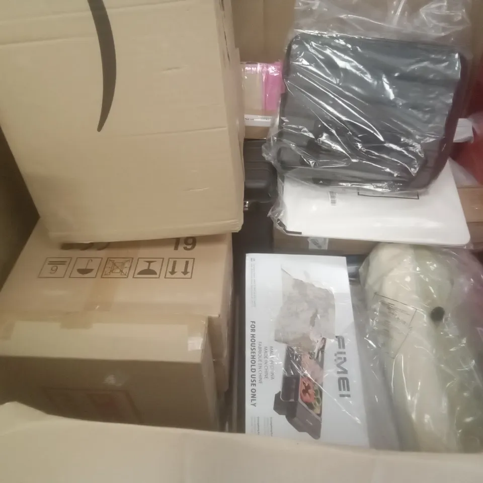 PALLET OF ASSORTED ITEMS INCLUDING air cooler, lights4fun lanterns, 12l fogger machine, kitchen sink mixer tap, moncook double air fryer, 