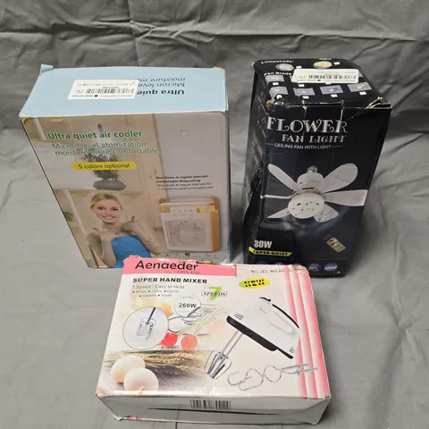 APPROXIMATELY 15 ASSORTED ELECTRICAL PRODUCTS TO INCLUDE HAND MIXER, FAN LIGHT, AIR COOLER ETC
