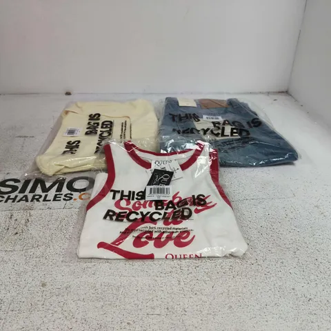 BOX OF APPROXIMATELY 30 ASSORTED CLOTHING ITEMS TO INCLUDE QUEEN SOMEBODY TO LOVE T SHIRT, DENIM SHORT SHORTS ETC
