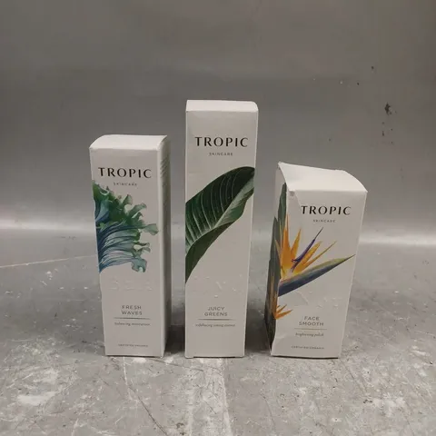 TROPIC SKINCARE LOT OF 3 ASSORTED PRODUCTS TO INCLUDE - FACE SMOOTH BRIGHTENING POLISH - JUICY GREENS EXFOLIATING TONING ESSENCE - FRESH WAVES BALANCING MOISTURISER - ETC