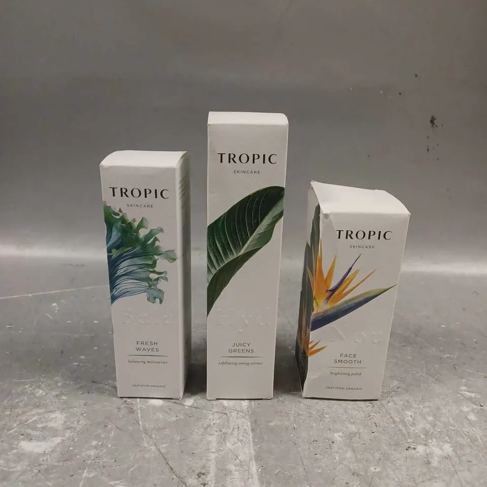 TROPIC SKINCARE LOT OF 3 ASSORTED PRODUCTS TO INCLUDE - FACE SMOOTH BRIGHTENING POLISH - JUICY GREENS EXFOLIATING TONING ESSENCE - FRESH WAVES BALANCING MOISTURISER - ETC