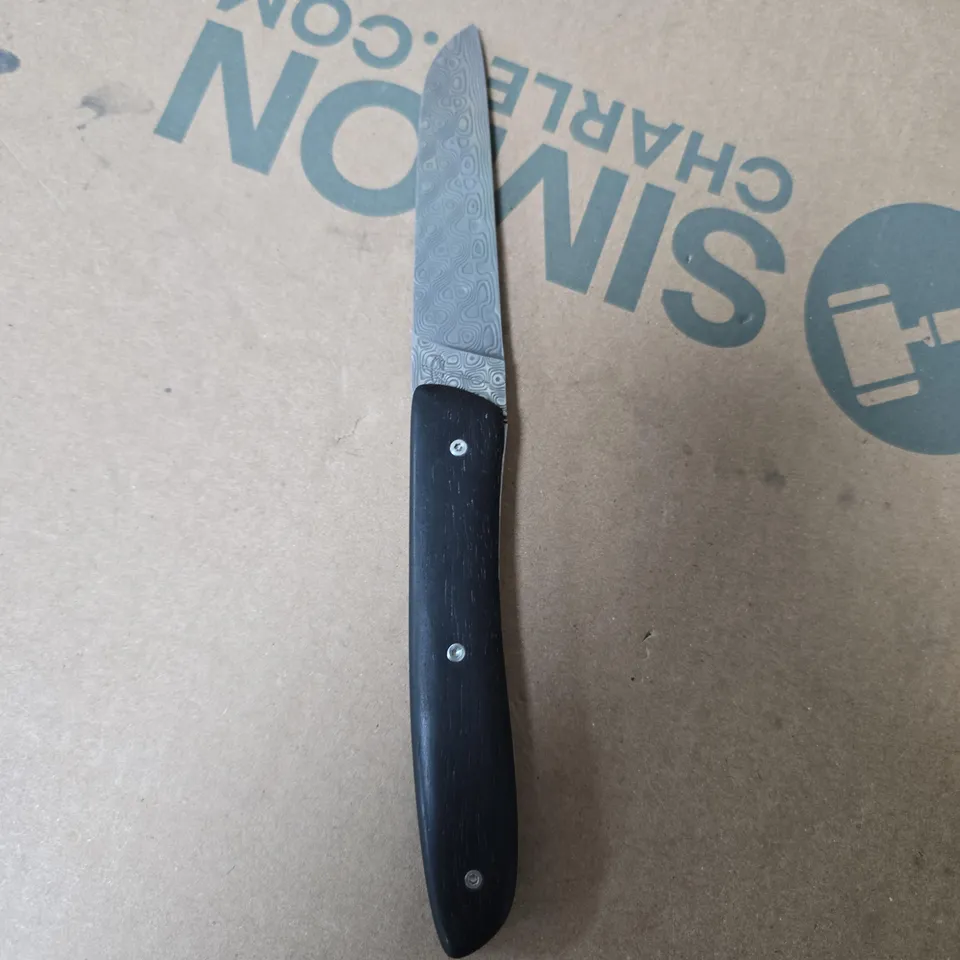 PERCEVAL DAMASCUS FOLDING KNIFE WITH PATTERNED BLADE AND BLACK HANDLE