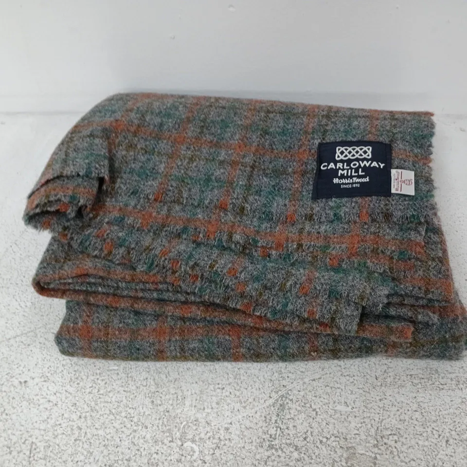 CARLOWAY MILL HARRIS TWEED WOOL BLANKET FEATURING A GREEN AND ORANGE PLAID PATTERN