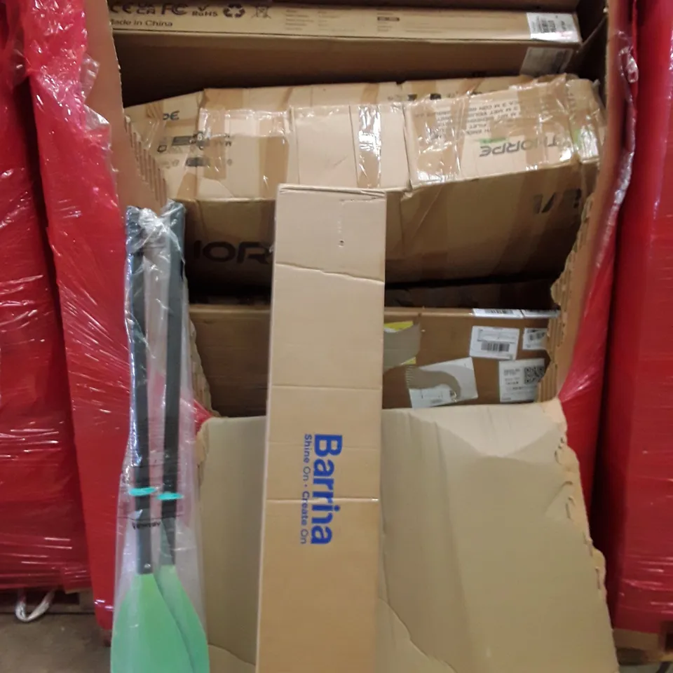 PALLET OF ASSORTED HOUSEHOLD GOODS AND PRODUCTS TO INCLUDE; TRAMPOLINE, PADDLES, BOXED FURNITURE ETC