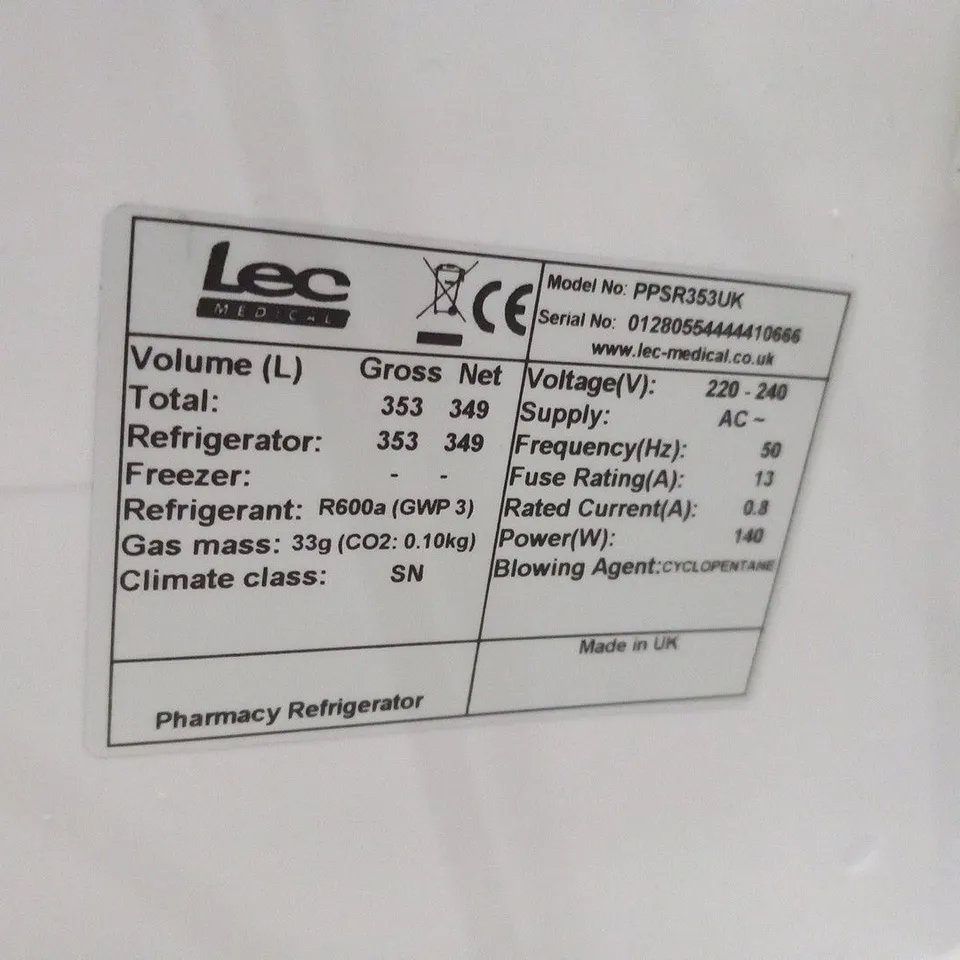 LEC PPSR353UK FREESTANDING PHARMACY CONTROL PLUS FRIDGE - SOLID DOOR 353 LITRES