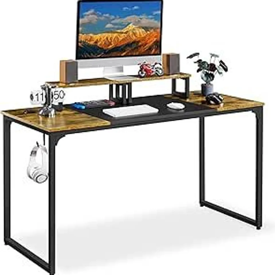 BOXED YAHEETECH LARGE COMPUTER DESK WITH MOVABLE MONITOR STAND, 2 DESK GROMMETS AND 140X60X75CM, RUSTIC BROWN