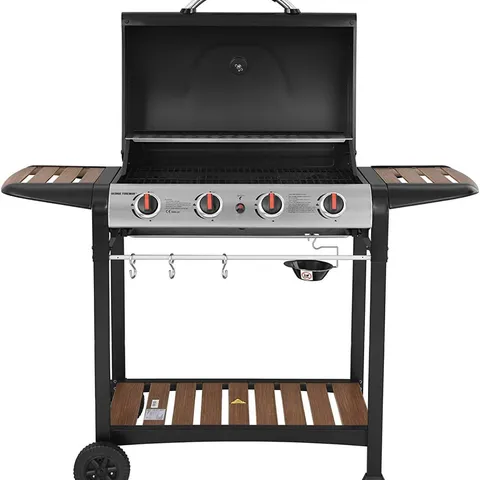 BOXED GEORGE FOREMAN 4 BURNER GAS BBQ WITH AUTOMATIC IGNITION & INTEGRATED THERMOMETER, BLACK, GAS BARBECUE, 2 WHEELS FITTED RACK WITH 2 SHELVES WOOD EFFECT, GFGBBQ4BW