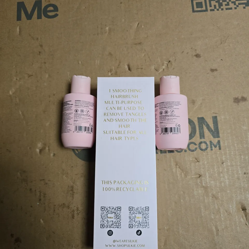 SILKIE SMOOTHING HAIRBRUSH SET WITH HAIRGAIN HYDRATING SHAMPOO & CONDITIONER (PINK BOTTLES)