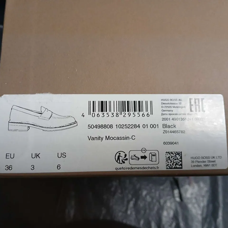 BOXED PAIR OF HUGO BOSS VANITY MOCASSIN-C BLACK LEATHER PENNY LOAFERS - UK SIZE 3