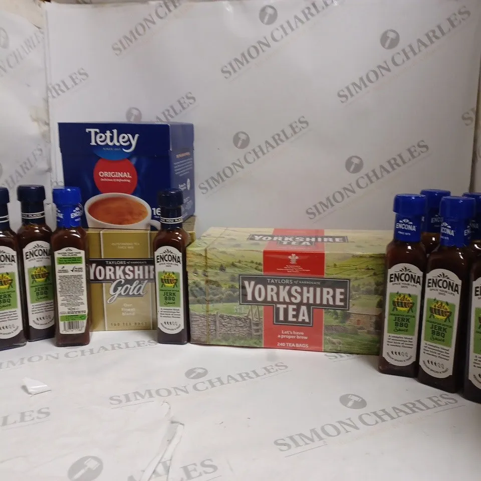 APPROXIMATELY 12 ASSORTED FOOD AND DRINKS PRODUCTS TO INCLUDE YORKSHIRE TEA, ENCONA JERK BBQ SAUCE, TETLEY TEA, ETC