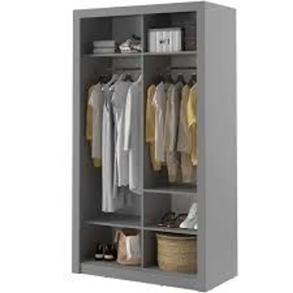 BOXED HELIX 2 DOOR SLIDING WARDOBE WITH SHELVES AND CLOTHES RAIL GRAY (4 BOXES)