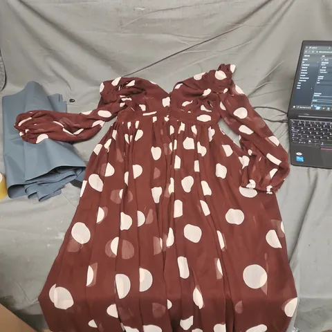 NOBODY'S CHILD ANNA MIDI DRESS – BROWN WITH WHITE POLKA DOTS – UK 14