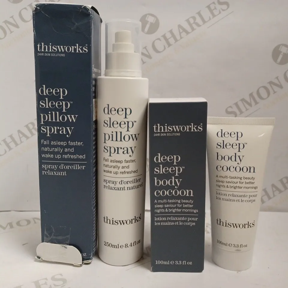 2 THISWORKS ITEMS INCLUDING DEEP SLEEP PILLOW SPRAY (250ML) AND DEEP SLEEP BODY COCOON (100ML)