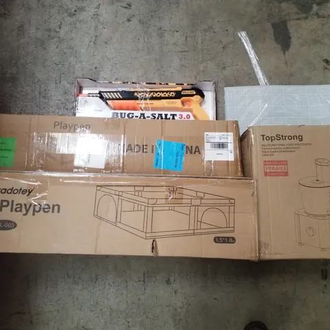 PALLET CONTAINING ASSORTED PRODUCTS INCLUDING BABY PLAYPEN, MULTIFUNCTIONAL FOOD PROCESSOR, BUG-A-SALT 3.0 & SELF HEALING CUTTING MAT 
