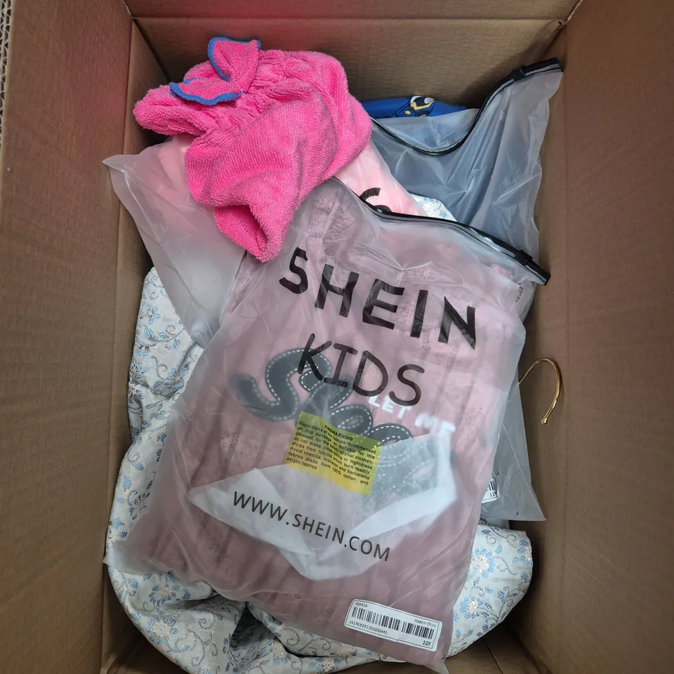 MEDIUM BOX OF ASSORTED KIDS CLOTHING ITEMS IN VARIOUS COLORS, SIZES AND STYLES