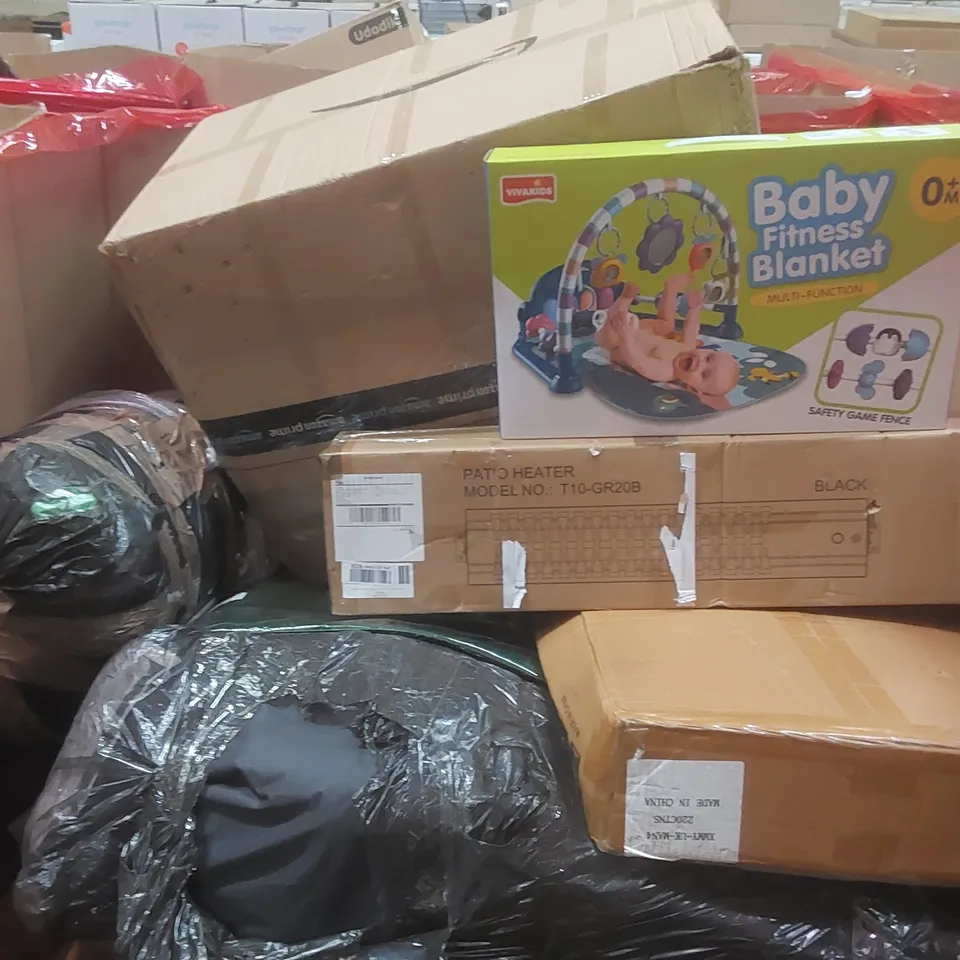 PALLET CONTAINING A LARGE QUANTITY OF ASSORTED ITEMS INCLUDING: PATIO HEATER, BABY FITNESS BLANKET ECT