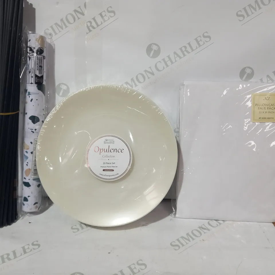 BOX OF APPROXIMATELY 15 ASSORTED HOUSEHOLD ITEMS TO INCLUDE NIGHT ZONE PILLOWCASES, OPULENCE 20PC PLASTIC PLATE SET, ETC