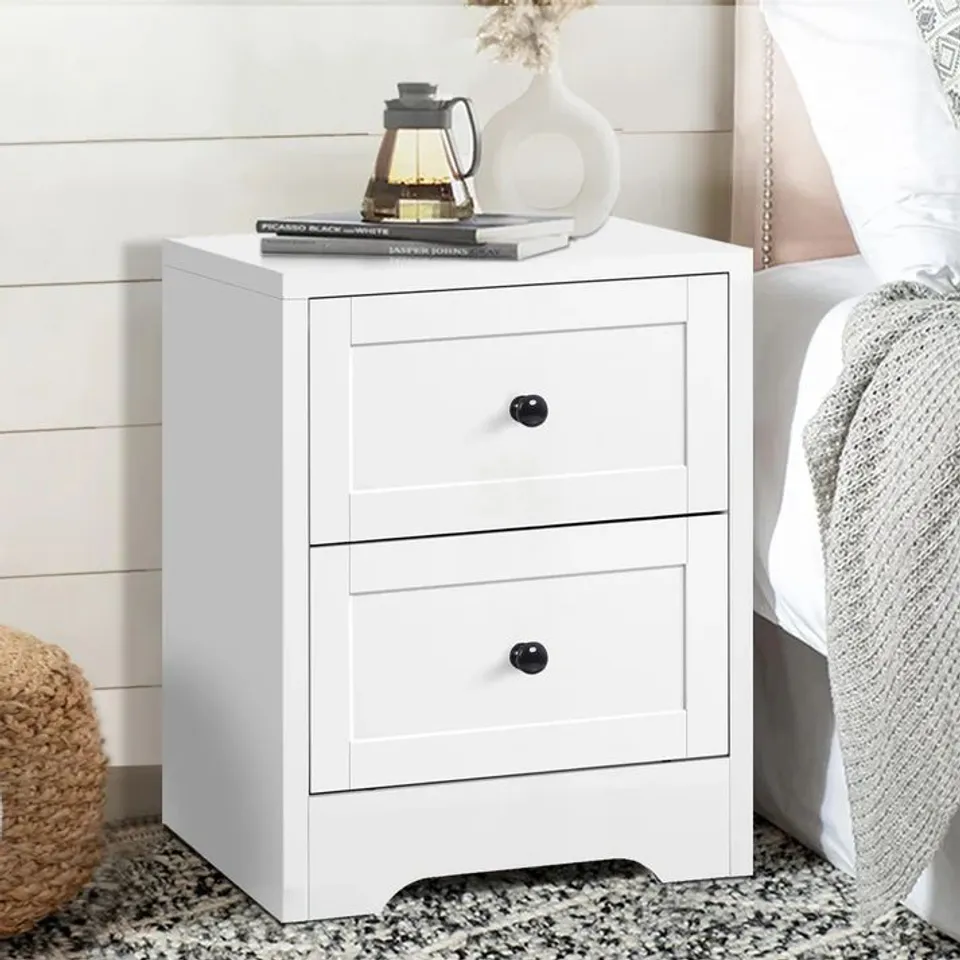 BOXED ELFORDSON BEDSIDE TABLE 2 DRAWERS HAMPTONS END STORAGE CABINET, WHITE