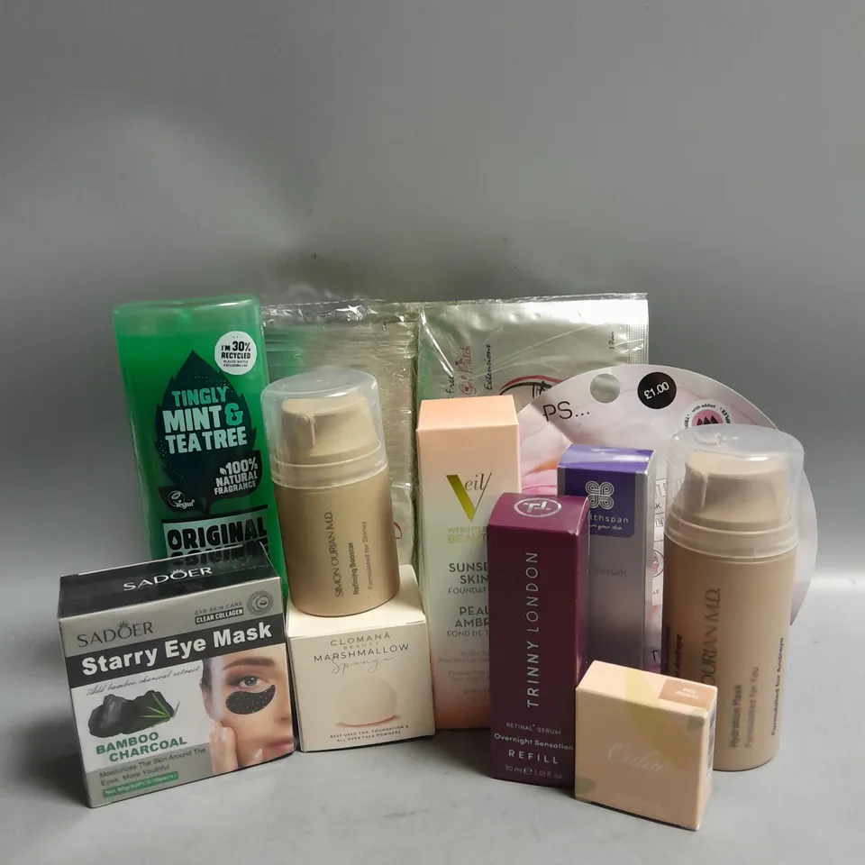 BOX OF APPROXIMATELY 15 COSMETIC ITEMS TO INCLUDE - SIMON OURIAN MD HYDRATION MASK - HEALTHSPAN EYE SERUM - VEIL SUNSET SKIN FOUNDATION ETC 