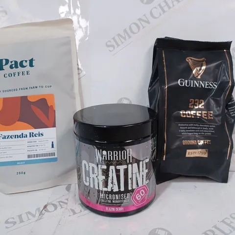 APPROXIMATELY 5 ASSORTED FOOD & DRINK ITEMS TO INCLUDE GUINNESS 232 COFFEE, WARRIOR CREATINE IN BLAZIN BERRY FLAVOUR, PACT COFFEE FAZENDA REIS, ETC