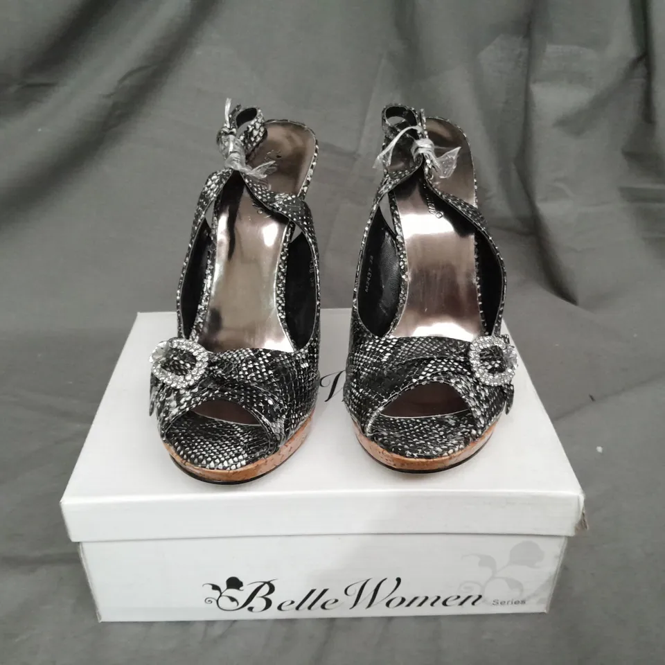 APPROXIMATELY 5 BOXED PAIRS OF SNAKE PATTERN OPEN TOE HIGH HEELS 