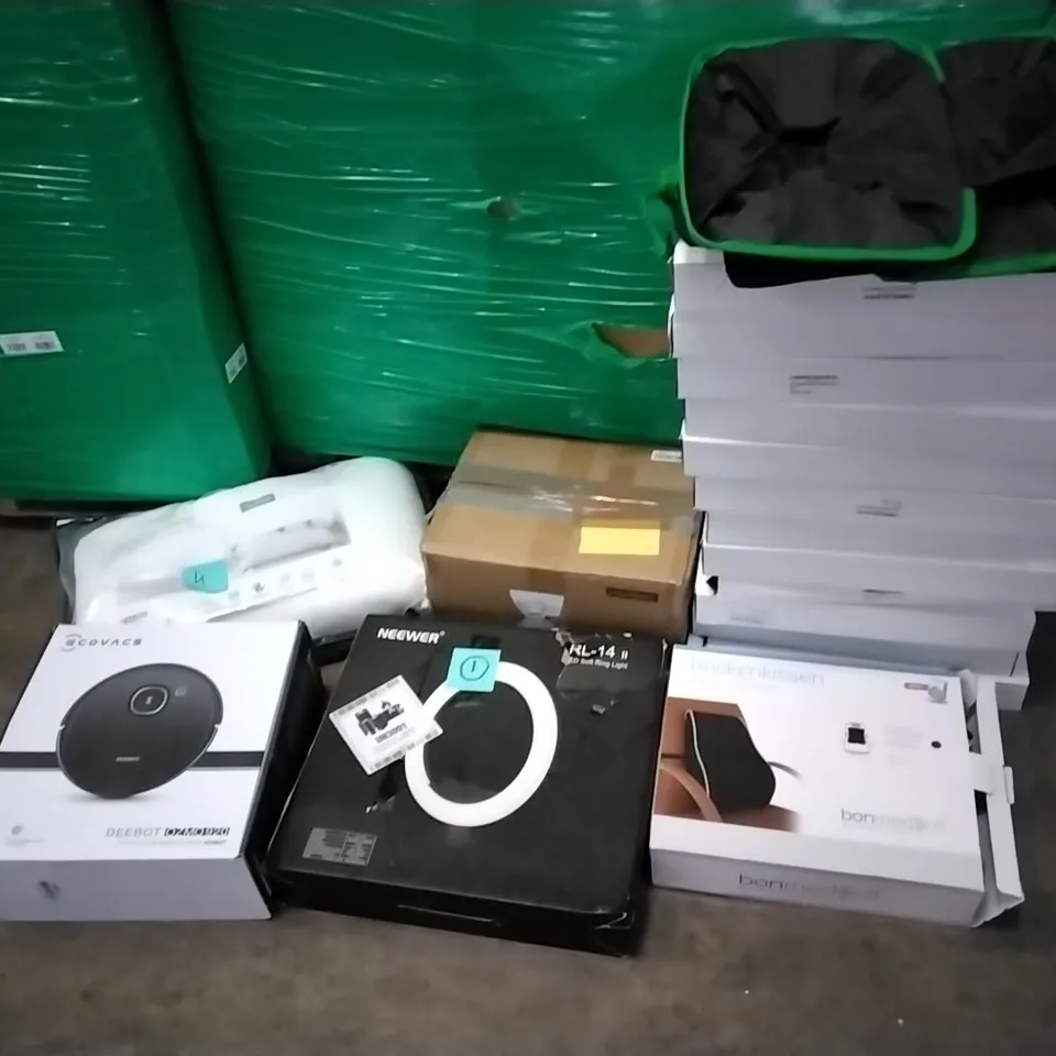 PALLET OF ASSORTED ITEMS TO INCLUDE: ECOVACS DEEBOT, MEMORY FOAM PILLOW, BACK CUSHION, REUSABLE GROCERY BAGS ETC ETC