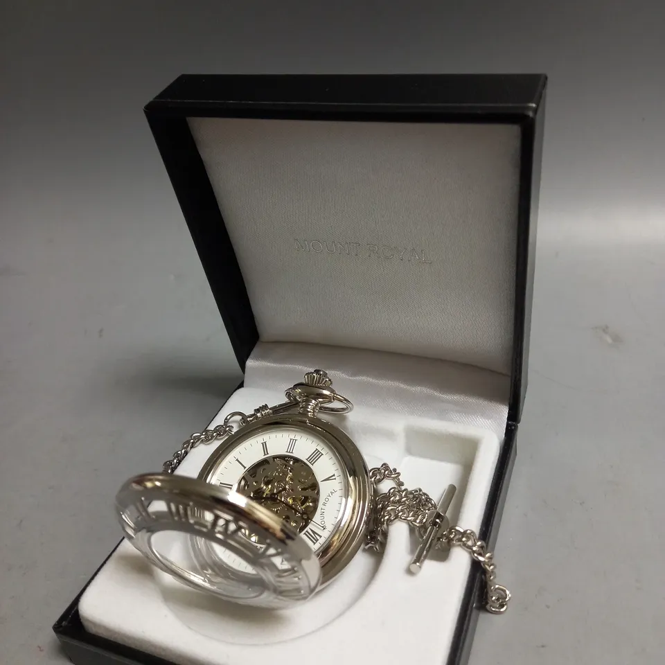 BOXED MOUNT ROYAL CHROME PLATED ENGRAVED MECHANICAL POCKET WATCH