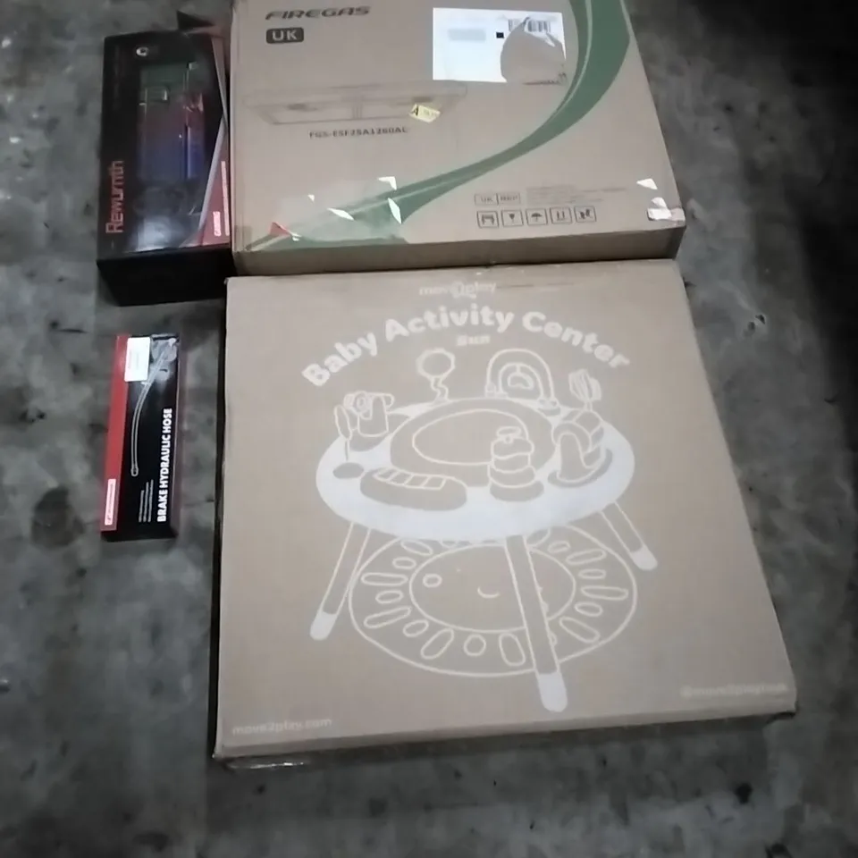 PALLET OF HOUSEHOLD ITEMS TO INCLUDE KEYBOARD, BRAKE HYDRAULIC HOSE,BABY ACTIVITY CENTER,COOKER HOOD AND OTHER ASSORTED ITEMS...