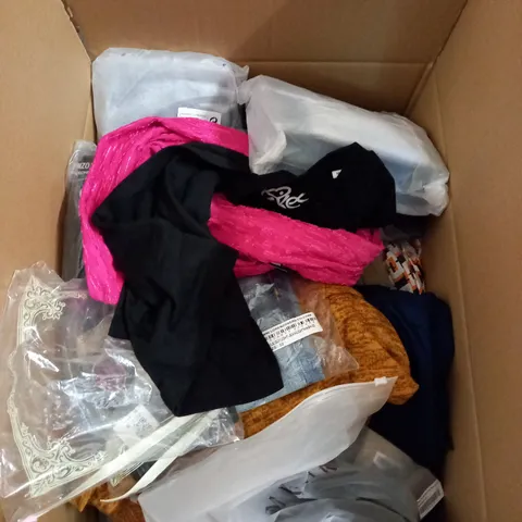 BOX OF ASSORTED CLOTHING ITEMS TOO INCLUDE JUMPERS, SHIRTS AND TROUSERS IN VARIOUS SIZES AND COLOURS