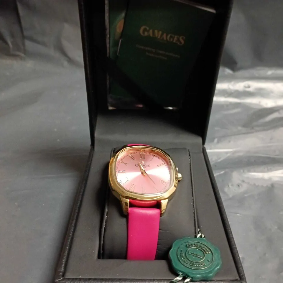 GAMAGES LONDON LADIES' WATCH – PINK DIAL, PINK LEATHER STRAP, GOLD-TONE CASE
