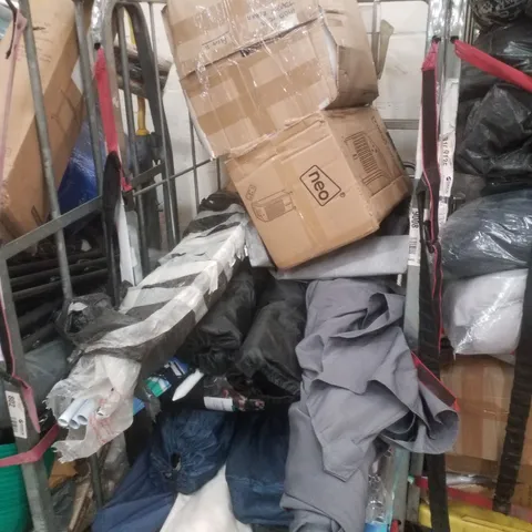 CAGE CONTAINING ASSORTED PRODUCTS INCLUDING AIR COOLER, PARASOL & FOAM ROLLER