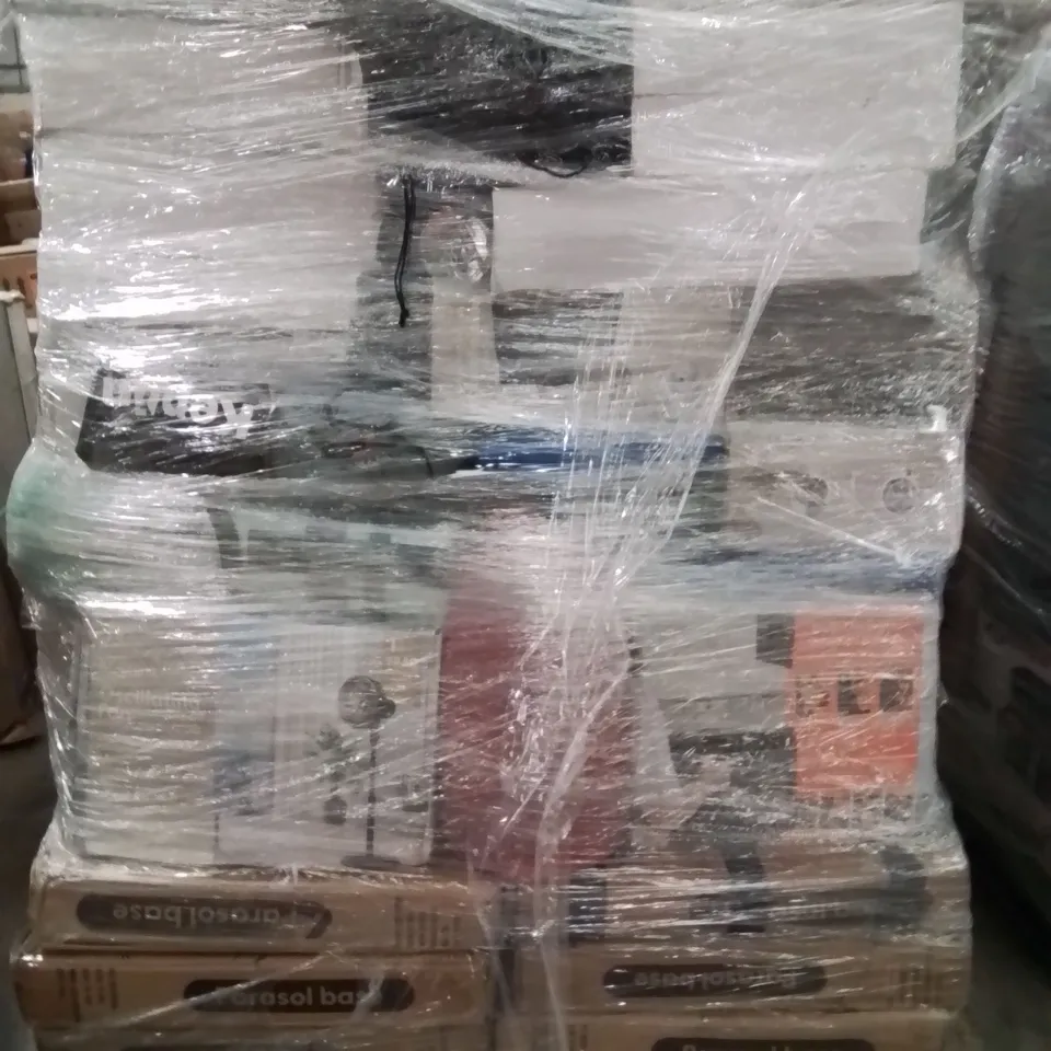 PALLET OF ASSORTED HOUSEHOLD GOODS AND PRODUCTS TO INCLUDE;PARASOL BASES,FANS,CAMPING CHAIR AIR FRYER