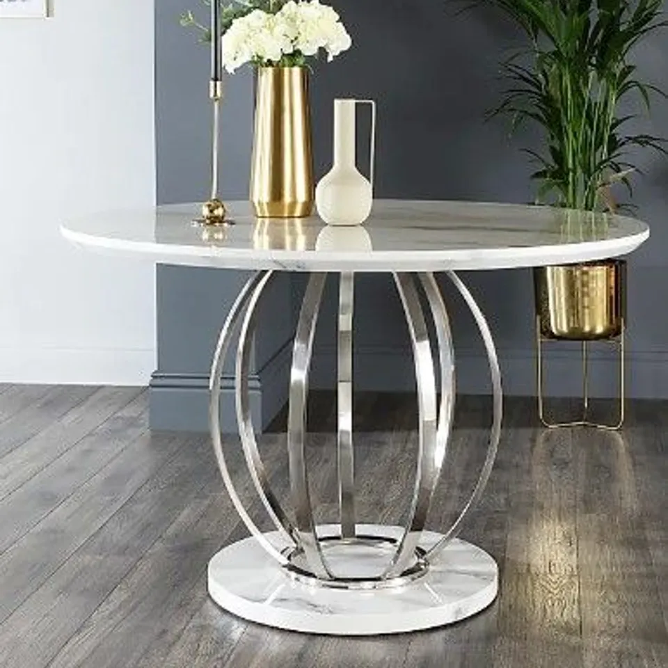 BOXED SAVOY ROUND WHITE MARBLE & CHROME 120CM DINING TABLE (3 BOXES)