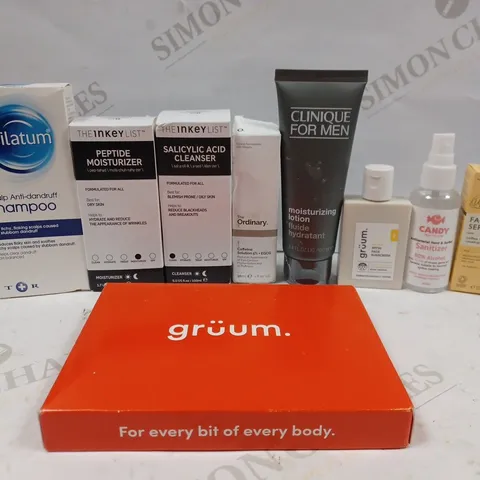 BOX OF APPROX 10 ASSORTED BEAUTY PRODUCTS TO INCLUDE CLINIQUE FOR MEN MOISTURIZING LOTION, UPCIRCLE FACE SERUM, DERMALOGICA CLEANSE, ETC