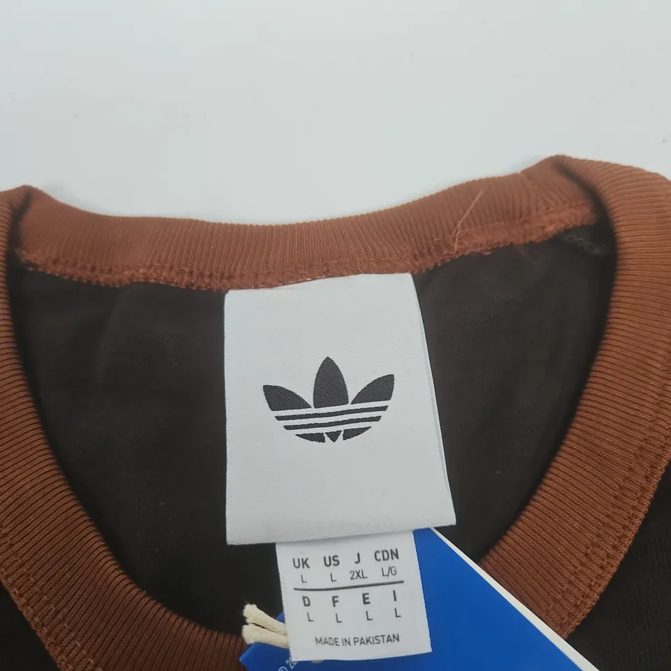 ADIDAS ORIGINALS SHIRT – UK L – BROWN/BLACK WITH ORANGE 3-STRIPE SLEEVES