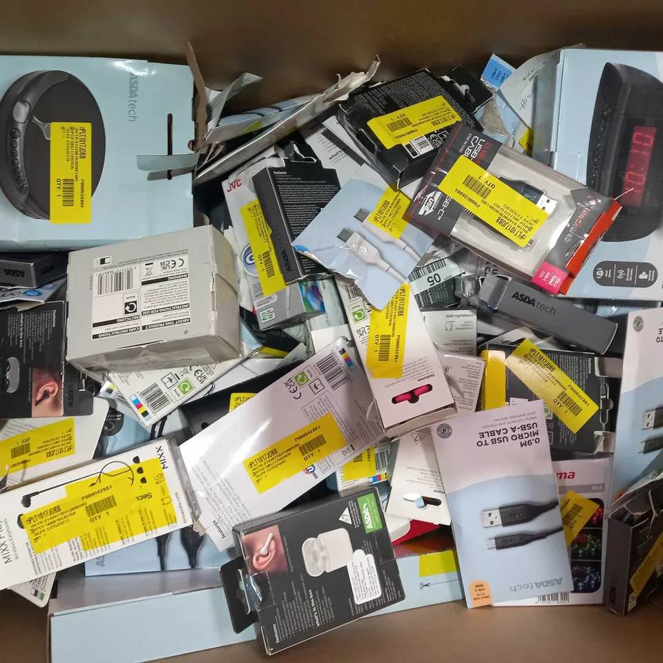 BOX OF APPROXIMATELY 40 ASSORTED ELECTRICAL ITEMS TO INCLUDE ONN BLUETOOTH SPEAKER, ASDA TECH WIRELESS MOUSE, ASDA TECH TRUE WIRELESS ACTIVE NOISE CANCELLING EARBUDS, ETC