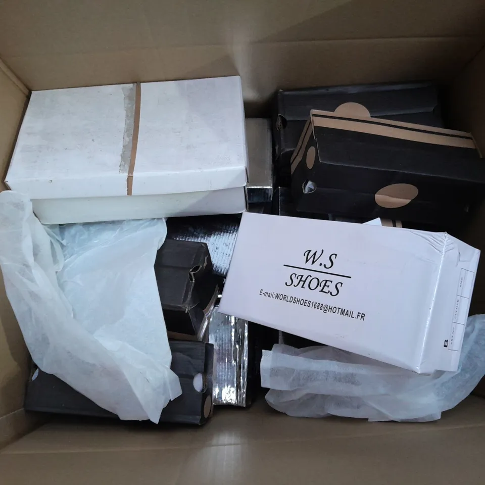 BOX OF APPROXIMATELY 10 ASSORTED PAIRS OF SHOES IN VARIOUS SIZES, COLOURS AND STYLES